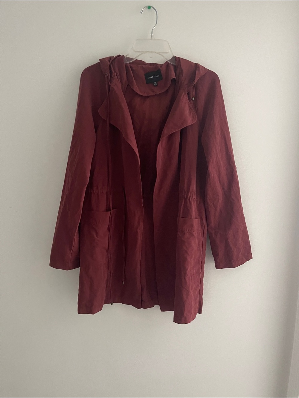 Love Tree Lightweight Hooded Open Front Trench Coat - Wine